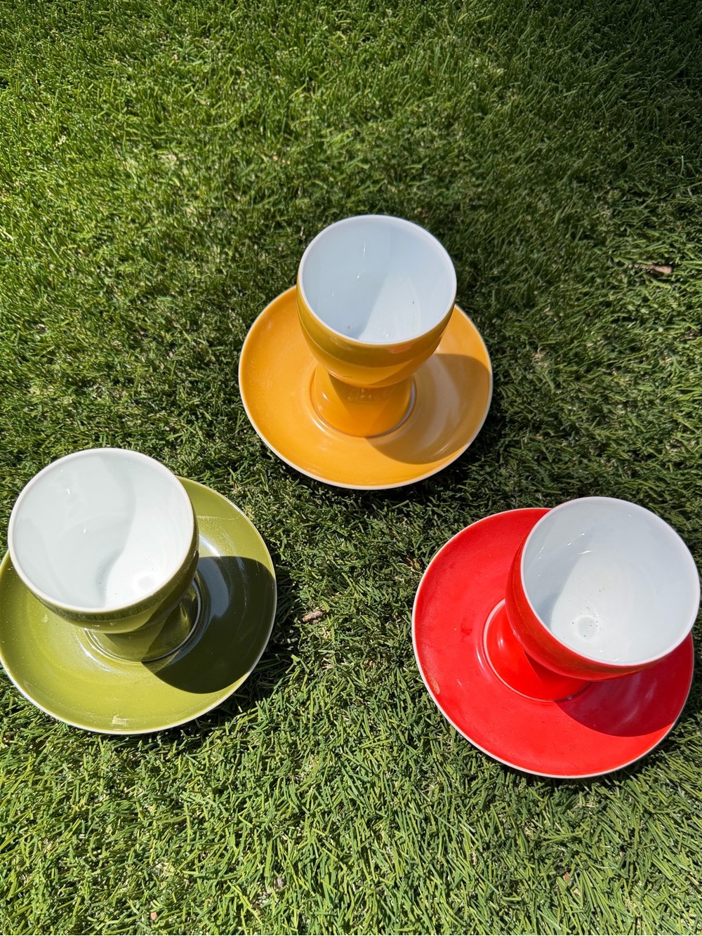 3 MCM Vintage Japanese 2 Sided Egg Cups with Matching Saucers EUC
